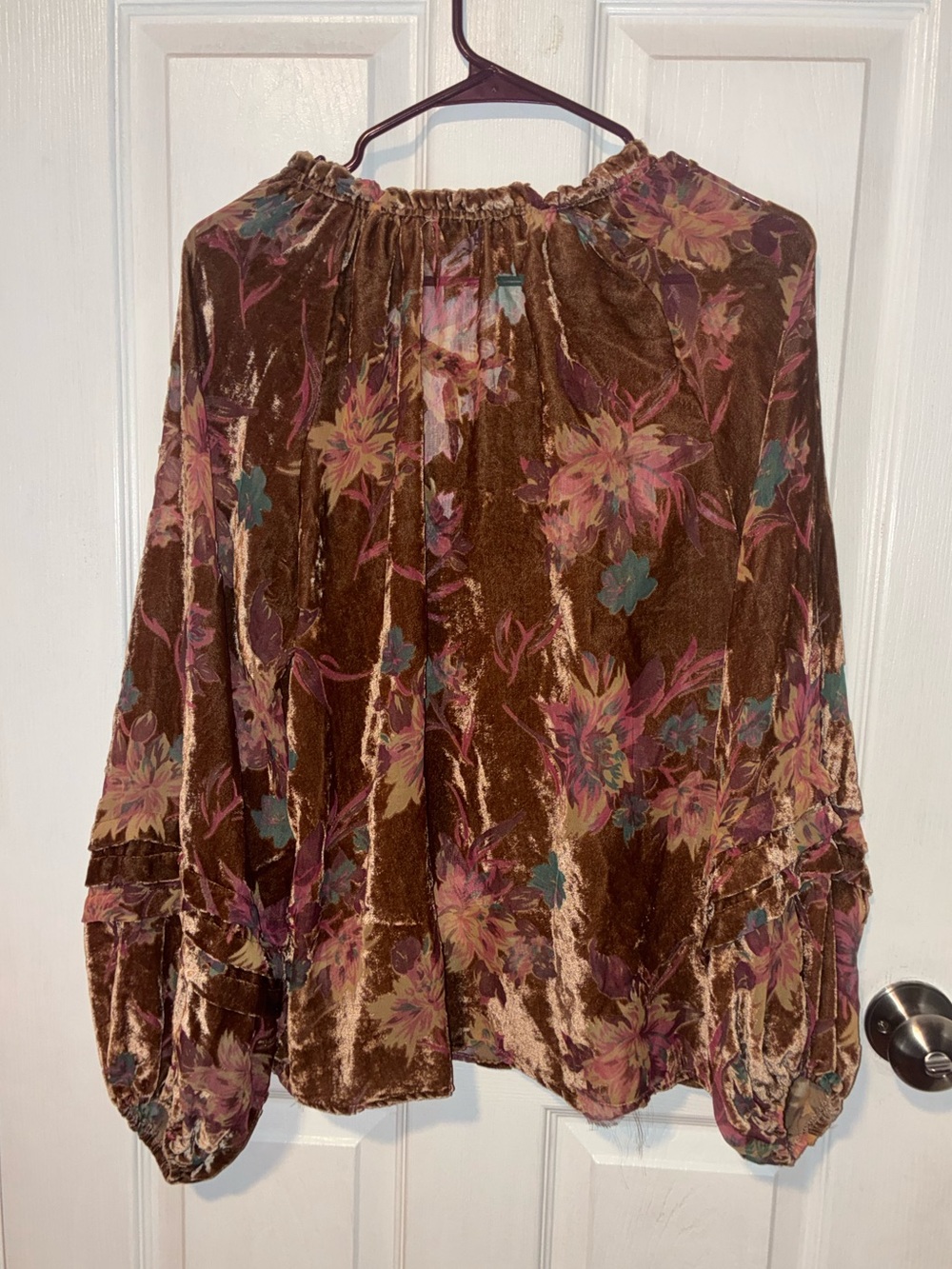 Fate Brown Velvet Floral boho sheer Tie-Neck Peasant Blouse - Picture 4 of 4